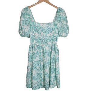NWT White Green Floral Cottage Coquette Boutique Dress Sz M Puff Sleeve Bow